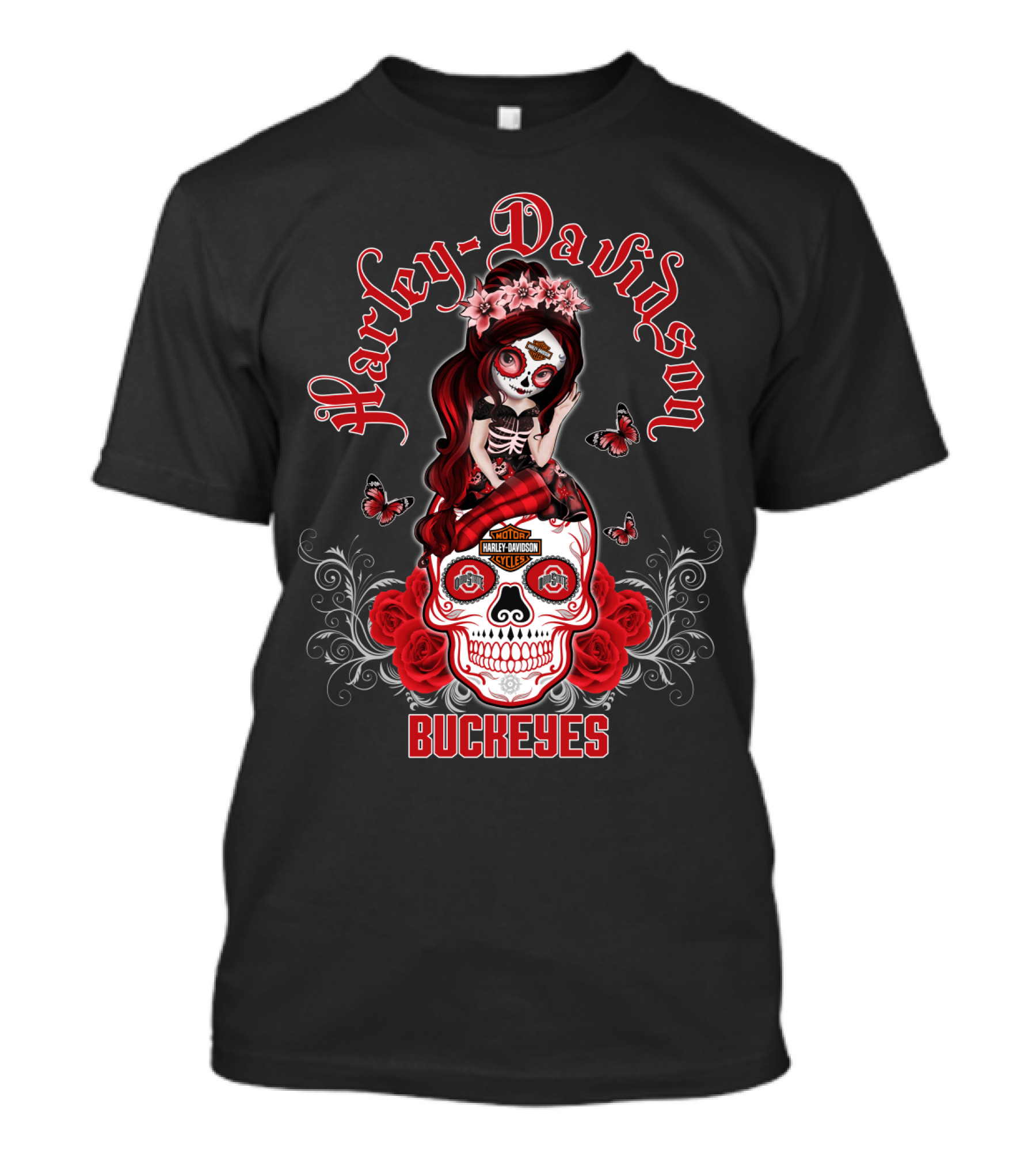 Harley Davidson Buckeyes Ohio State Skull Design Girl With Roses And Butterflies T-Shirt
