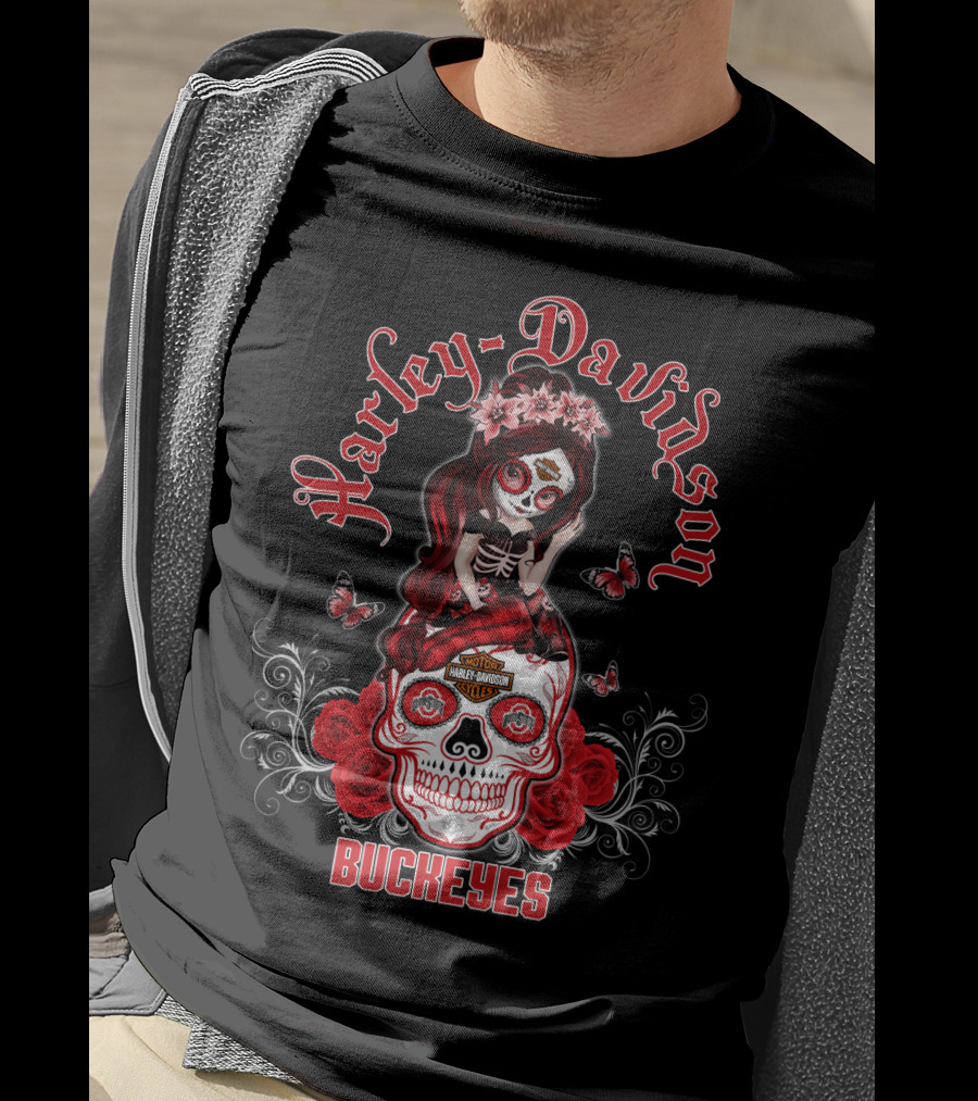 Harley Davidson Buckeyes Ohio State Skull Design Girl With Roses And Butterflies T-Shirt