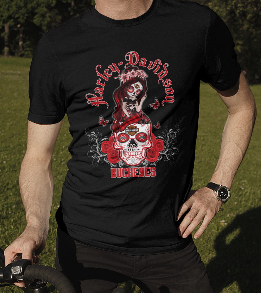 Harley Davidson Buckeyes Ohio State Skull Design Girl With Roses And Butterflies T-Shirt