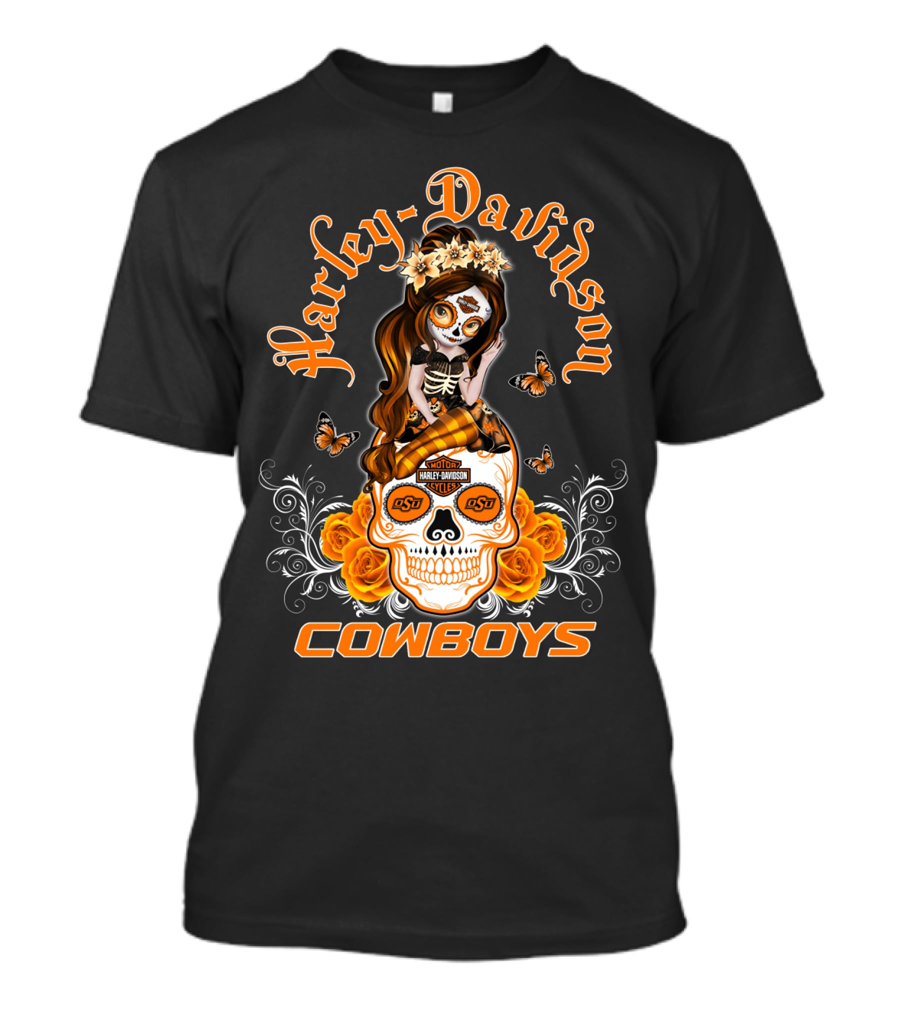 Harley Davidson Osu Cowboys Sugar Skull Roses Butterfly T-Shirt