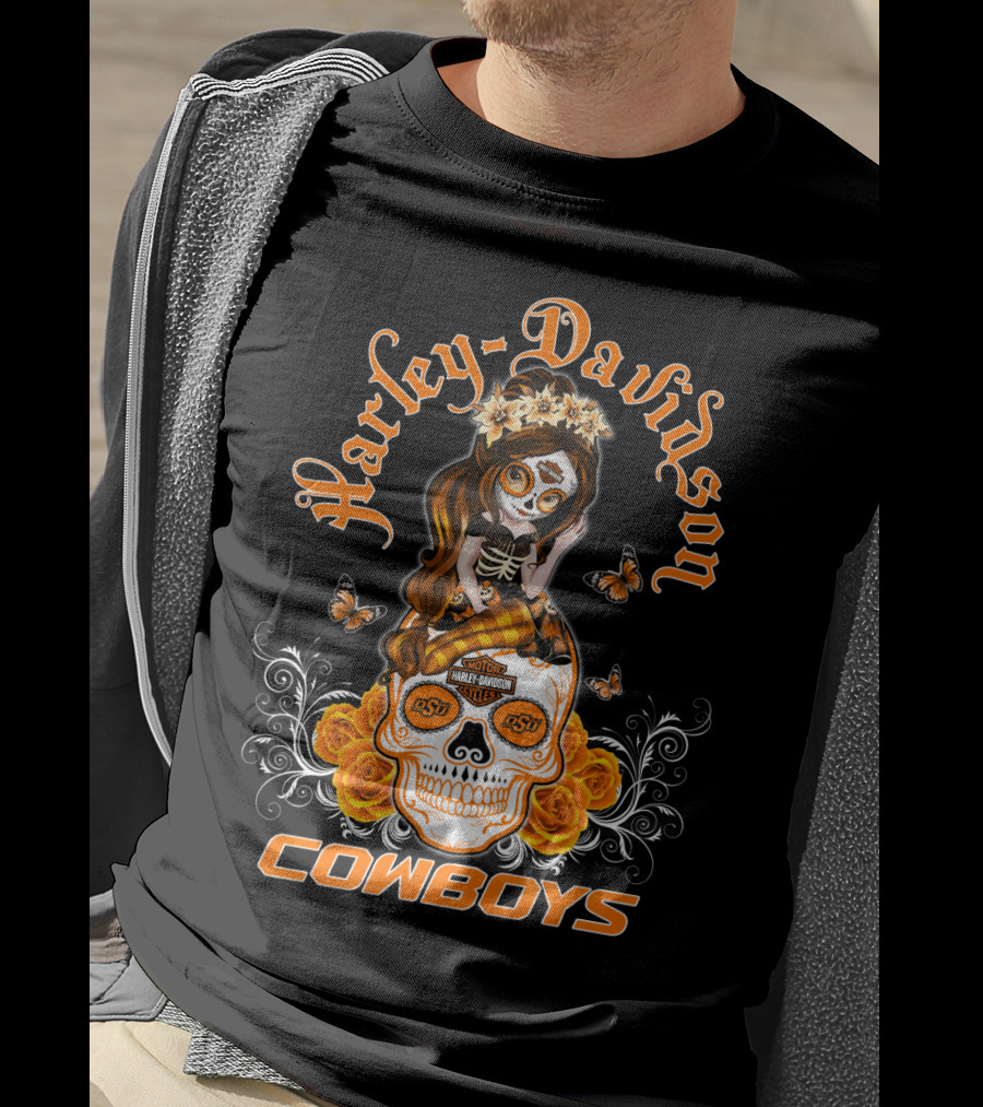 Harley Davidson Osu Cowboys Sugar Skull Roses Butterfly T-Shirt