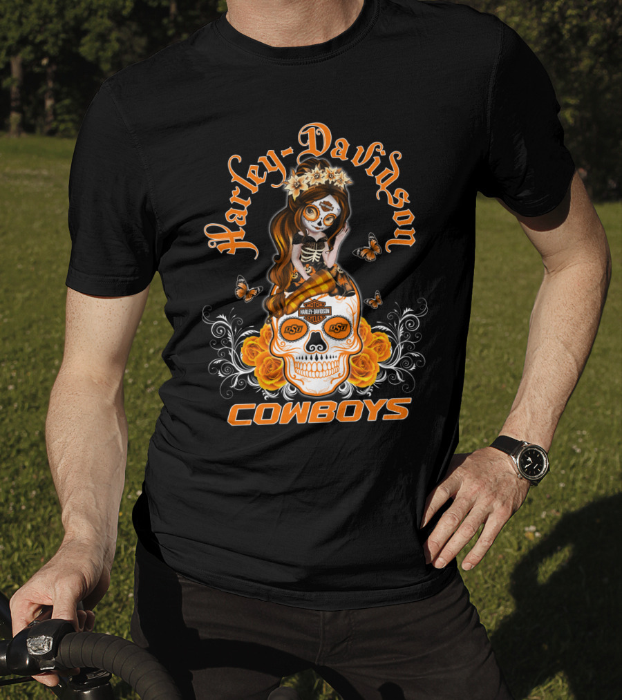 Harley Davidson Osu Cowboys Sugar Skull Roses Butterfly T-Shirt