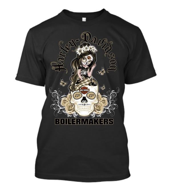 Harley Davidson Motor Cycles Boilermakers Purdue P Skull Roses Butterflies T-Shirt