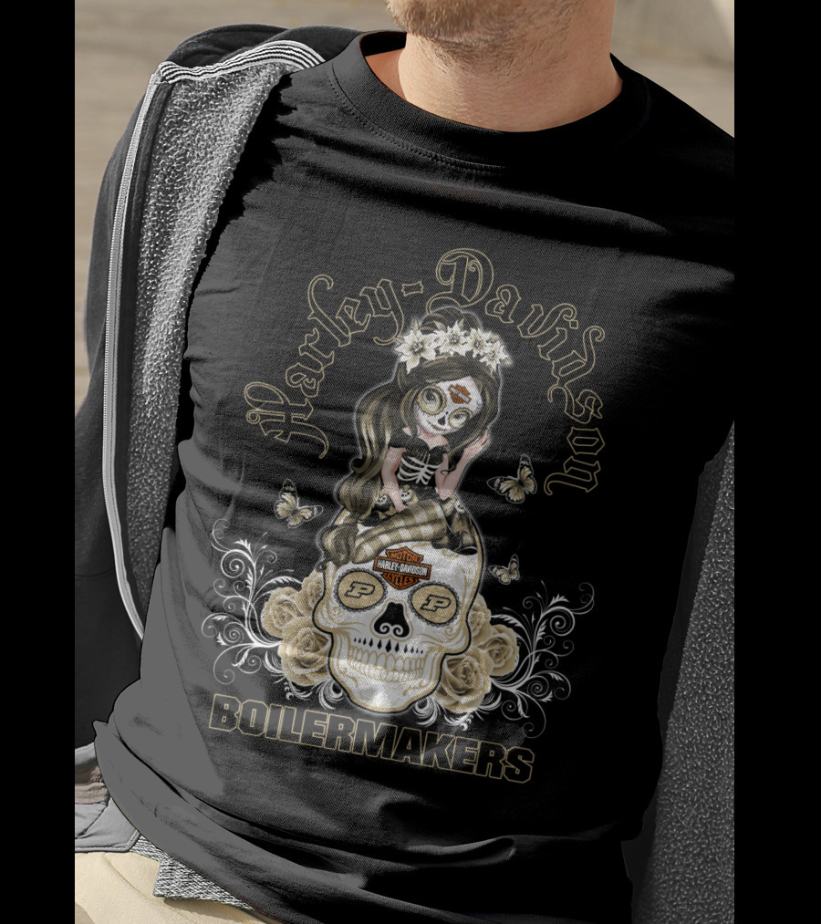 Harley Davidson Motor Cycles Boilermakers Purdue P Skull Roses Butterflies T-Shirt