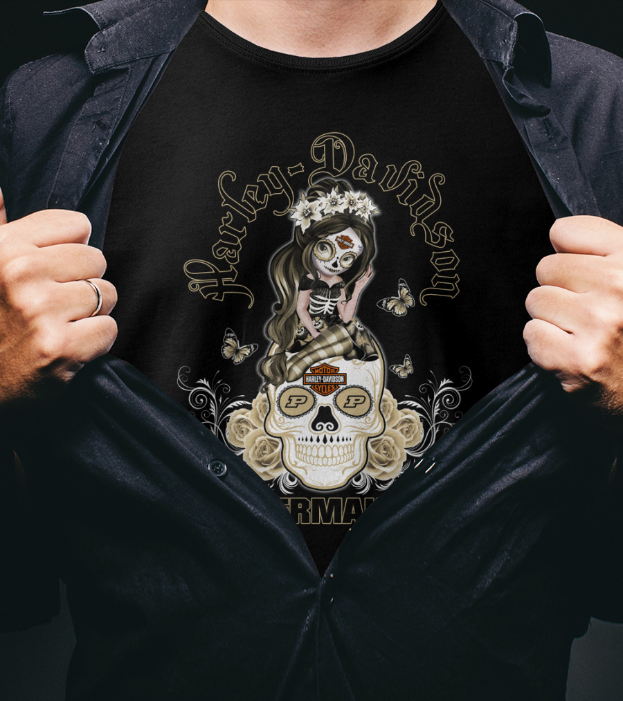 Harley Davidson Motor Cycles Boilermakers Purdue P Skull Roses Butterflies T-Shirt