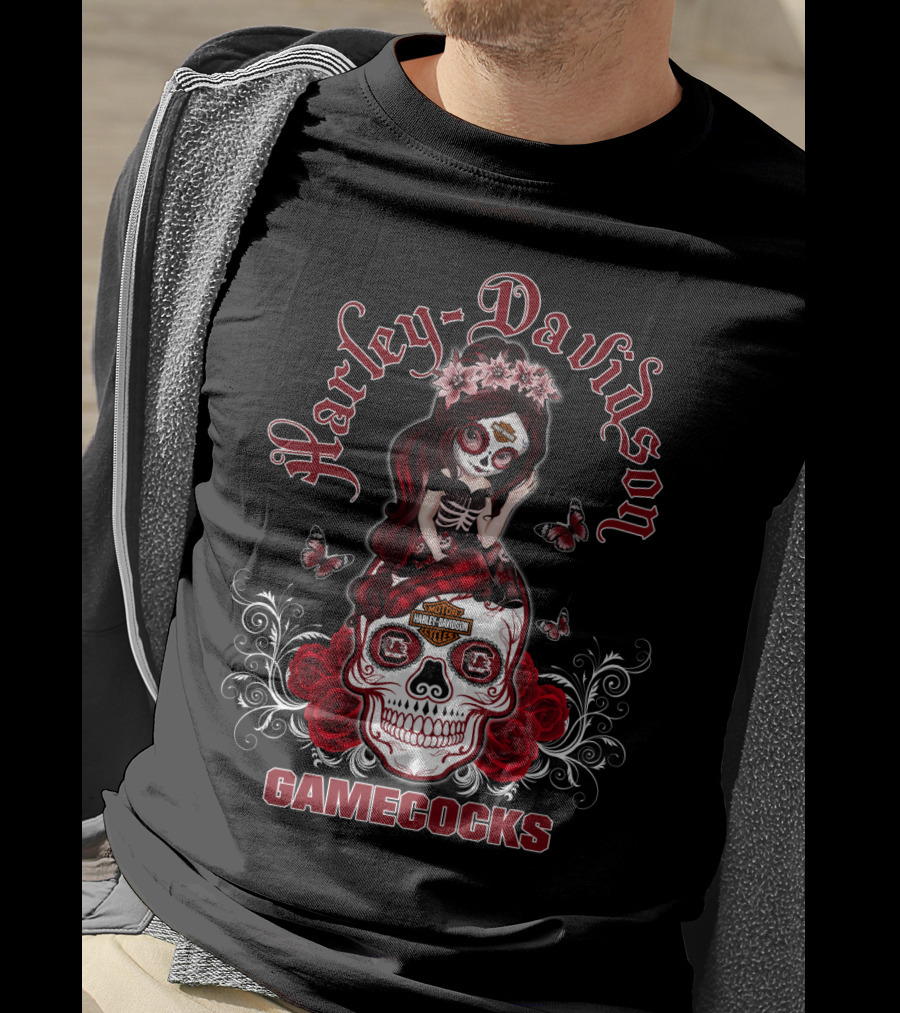 Harley Davidson Gamecocks Skull With Roses And Butterflies T-Shirt