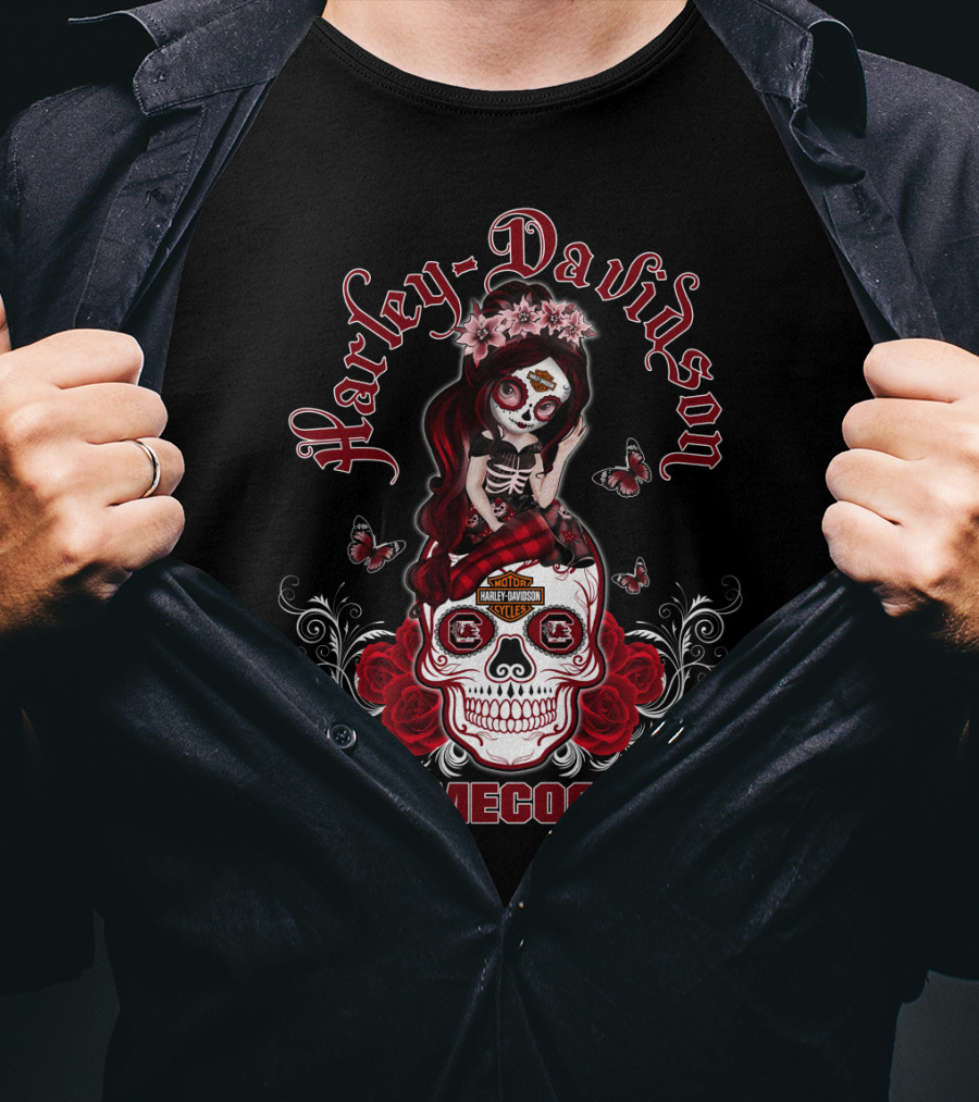 Harley Davidson Gamecocks Skull With Roses And Butterflies T-Shirt