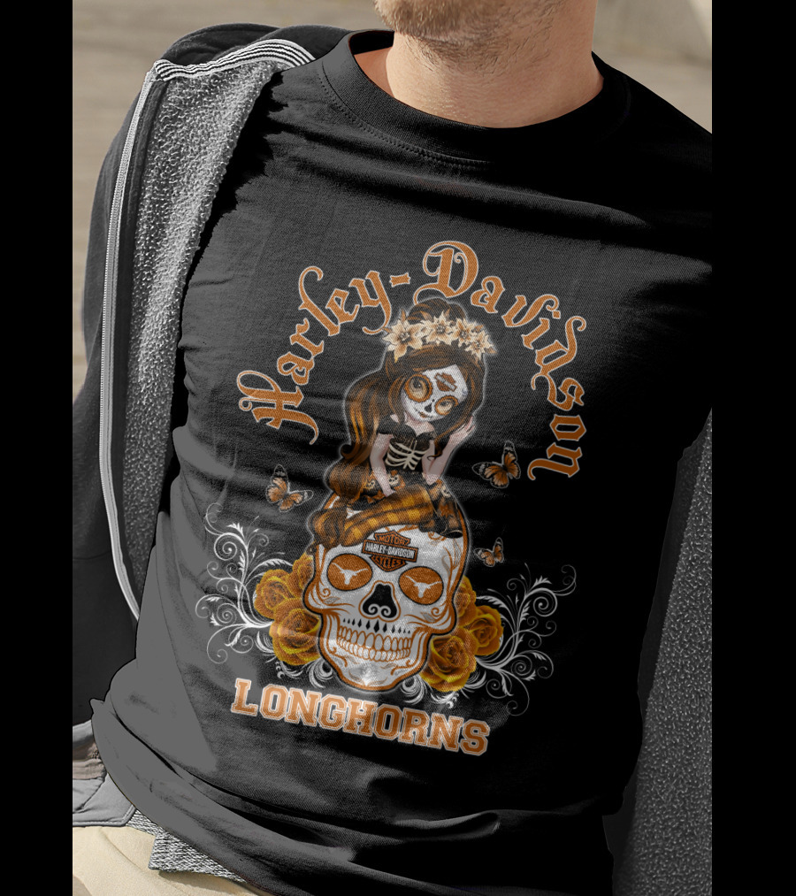 Harley Davidson Longhorns Texas Girl Skull Floral Motif T-Shirt