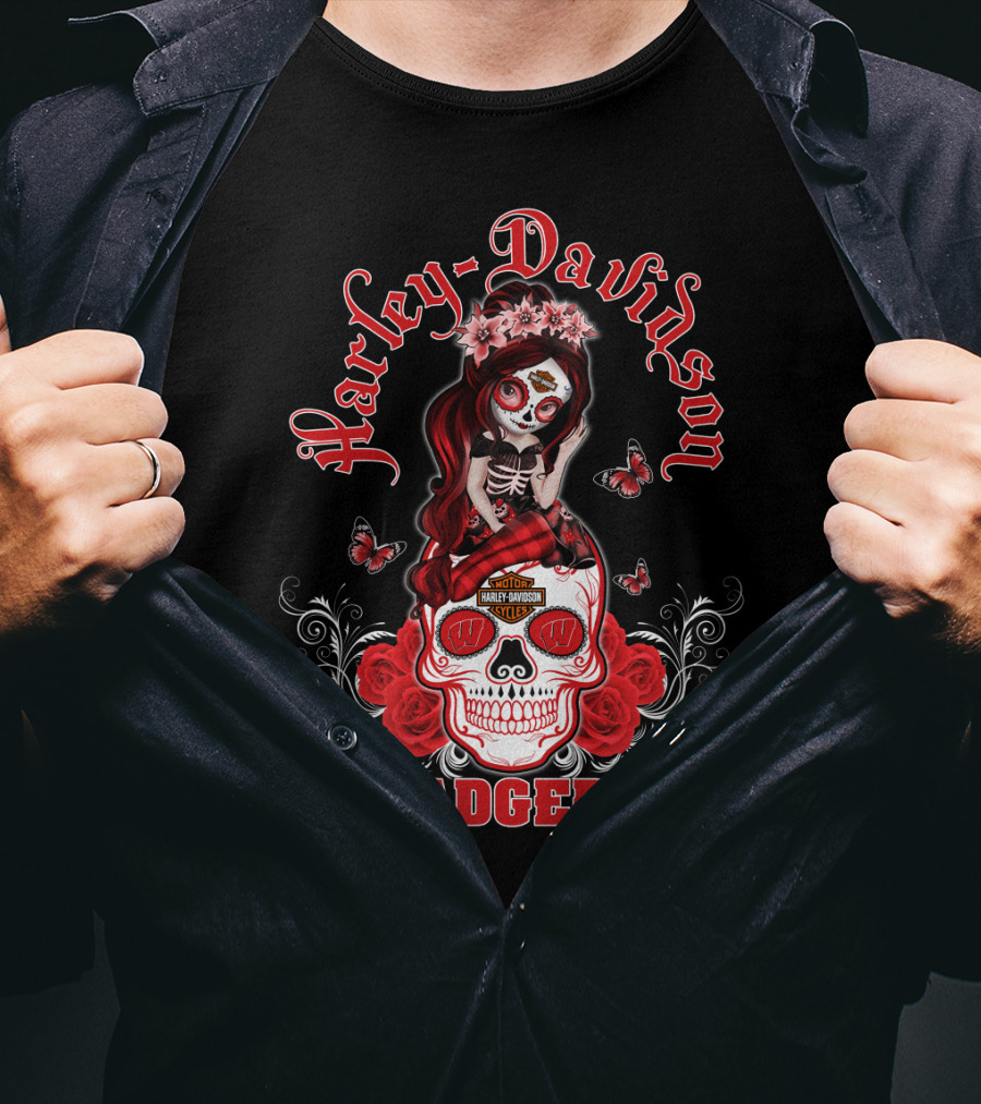 Harley Davidson Wisconsin Badgers Skull Rose Blossoms T-Shirt