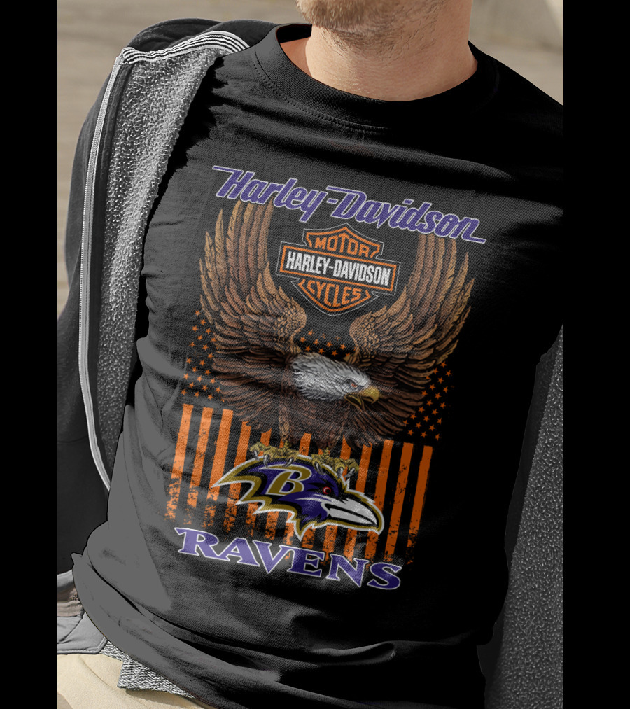 Harley Davidson Motor Cycles Baltimore Ravens Eagle American Flag T-Shirt