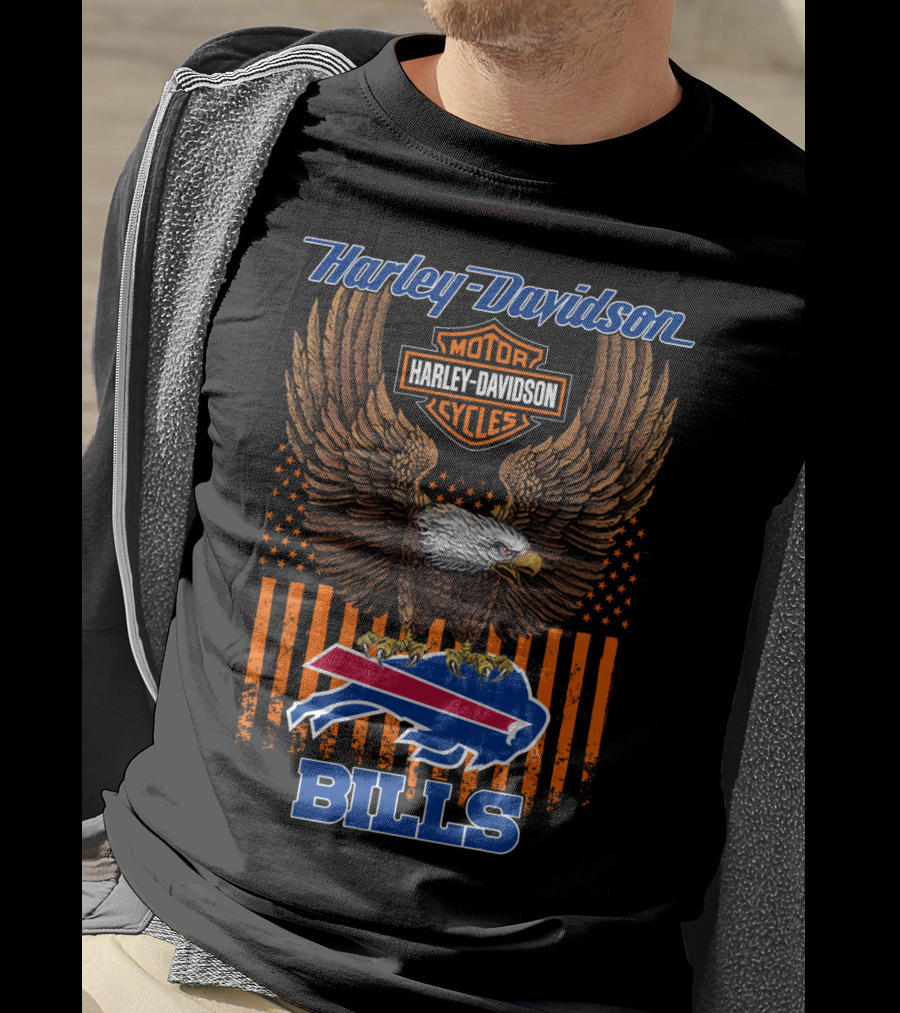 Harley Davidson Motor Cycles Buffalo Bills Eagle American Flag T-Shirt