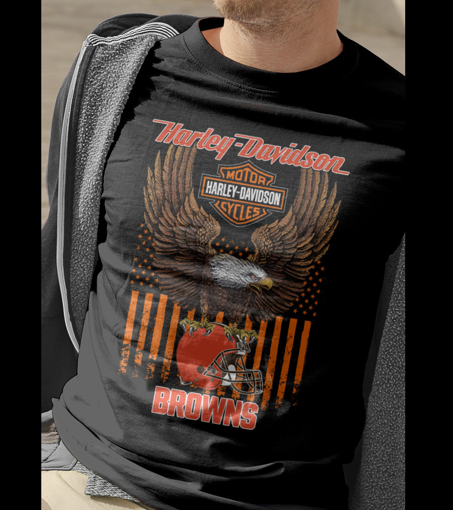Harley Davidson Motor Cycles Nfl Cleveland Browns Eagle Flag T-Shirt