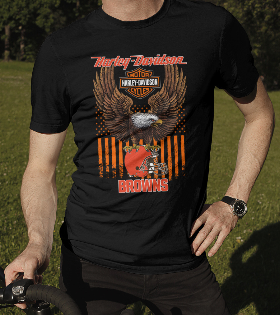 Harley Davidson Motor Cycles Nfl Cleveland Browns Eagle Flag T-Shirt