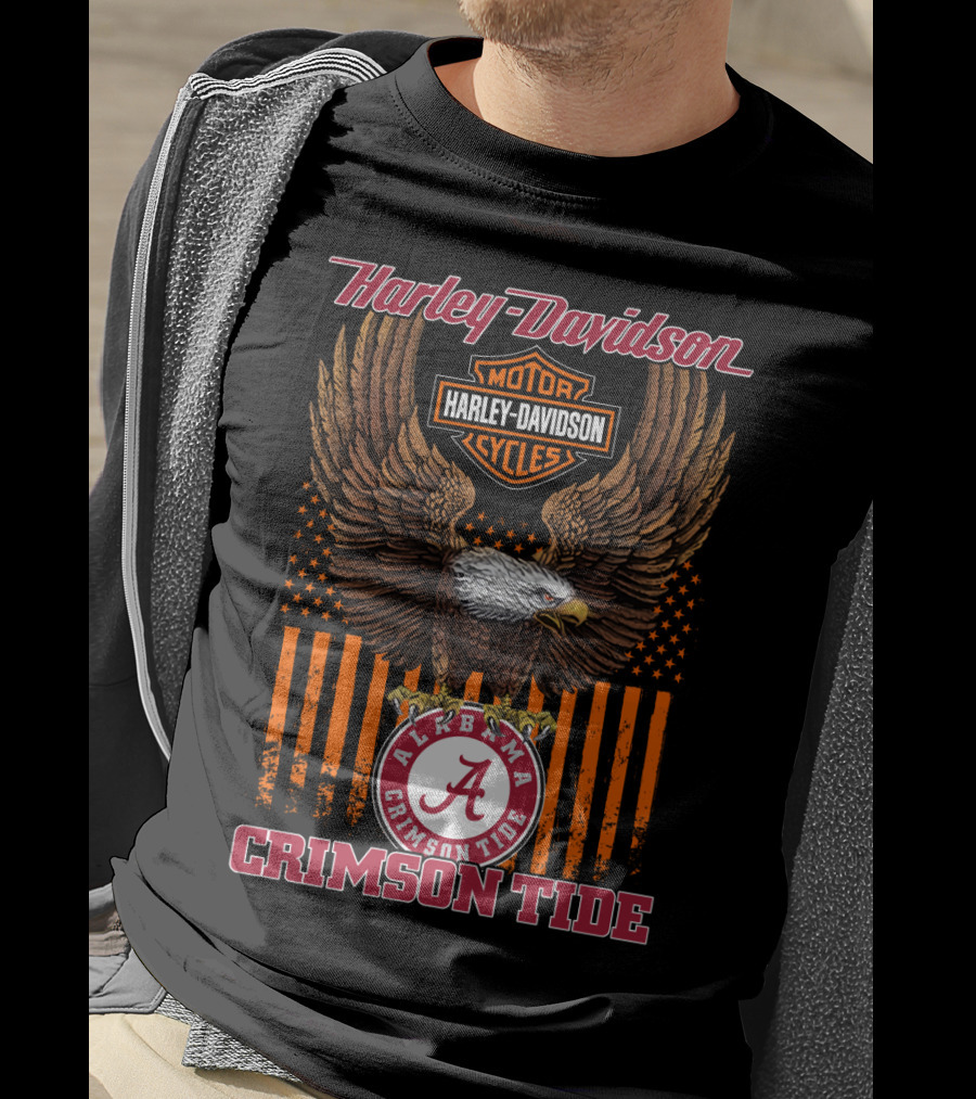 Harley Davidson Alabama Crimson Tide Eagle Usa Flag T-Shirt