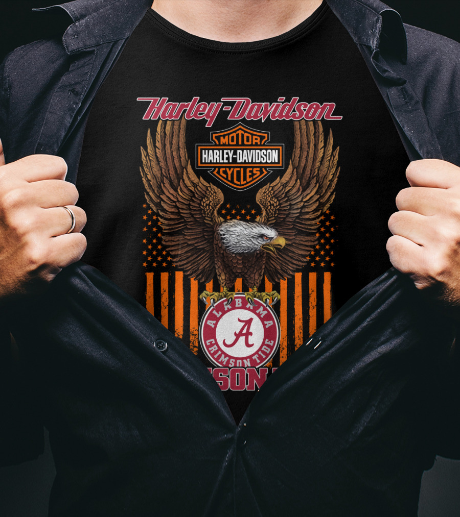 Harley Davidson Alabama Crimson Tide Eagle Usa Flag T-Shirt