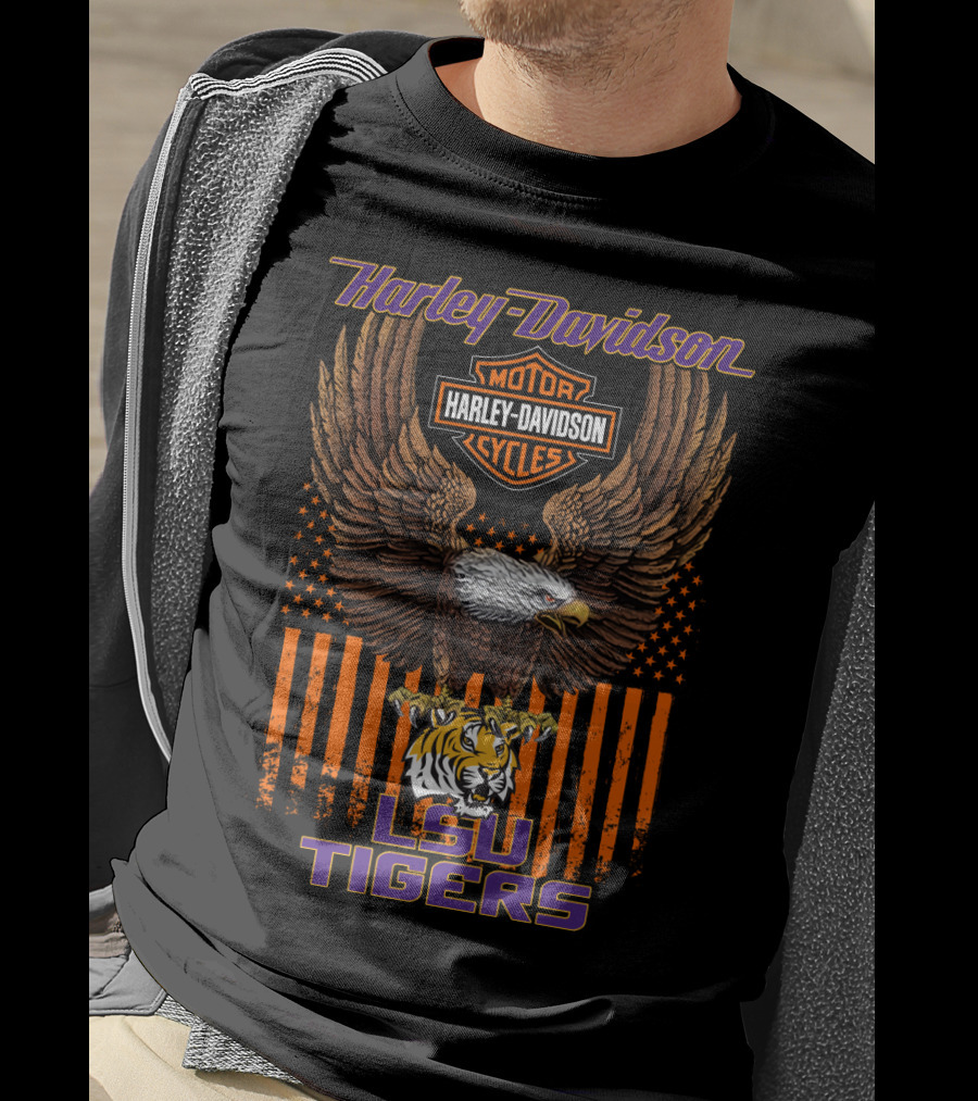 Harley Davidson Lsu Tigers Eagle And Stripes T-Shirt
