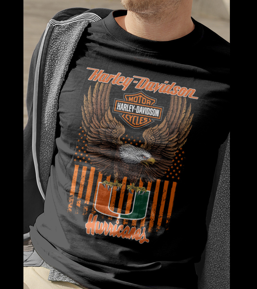 Harley Davidson Miami Hurricanes U Logo With Eagle And Stripes T-Shirt