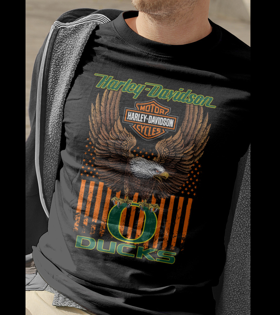 Harley Davidson Motor Cycles Oregon Ducks Eagle Stars And Stripes T-Shirt
