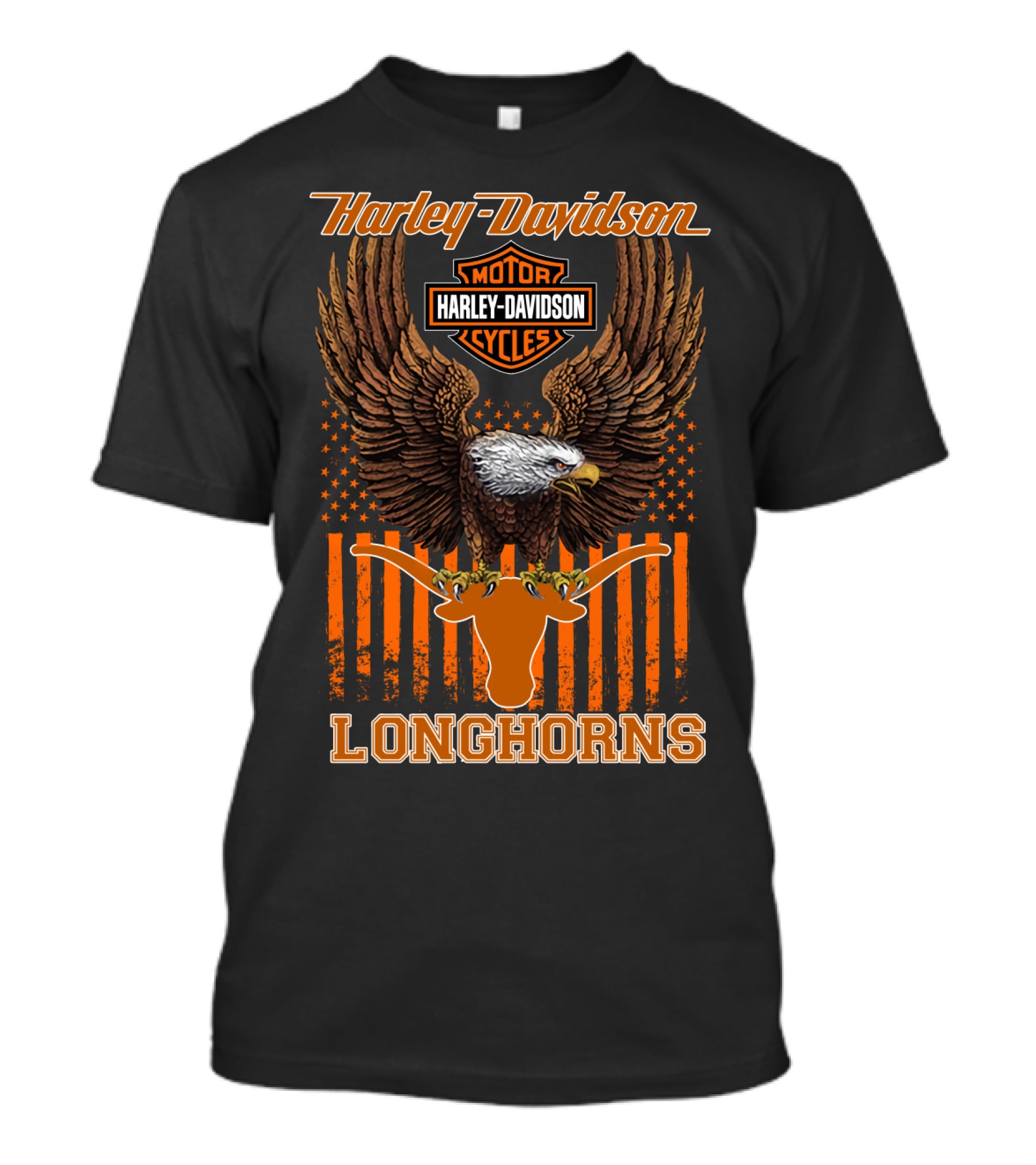 Harley Davidson Motor Cycles Eagle Stars And Stripes Longhorns T-Shirt