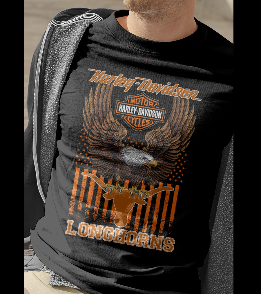 Harley Davidson Motor Cycles Eagle Stars And Stripes Longhorns T-Shirt