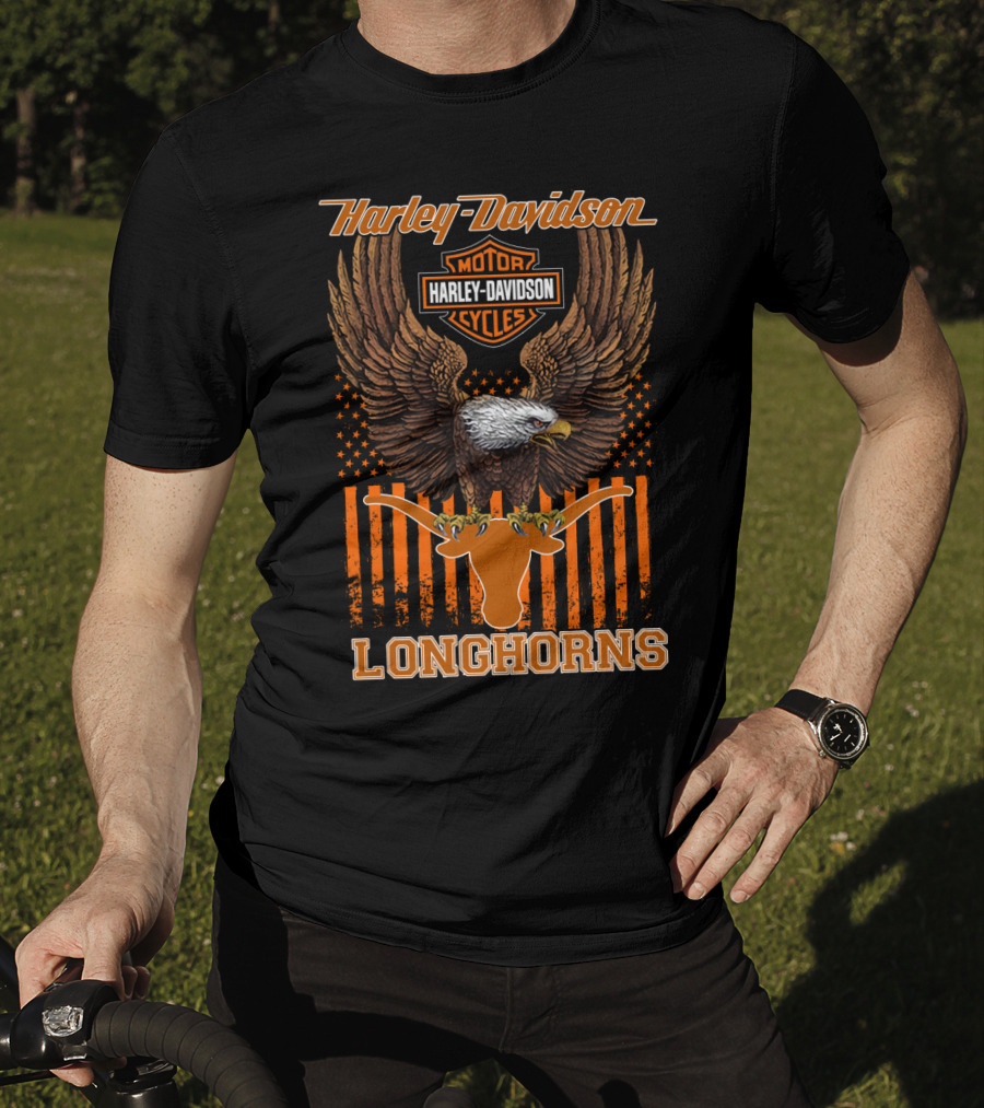 Harley Davidson Motor Cycles Eagle Stars And Stripes Longhorns T-Shirt