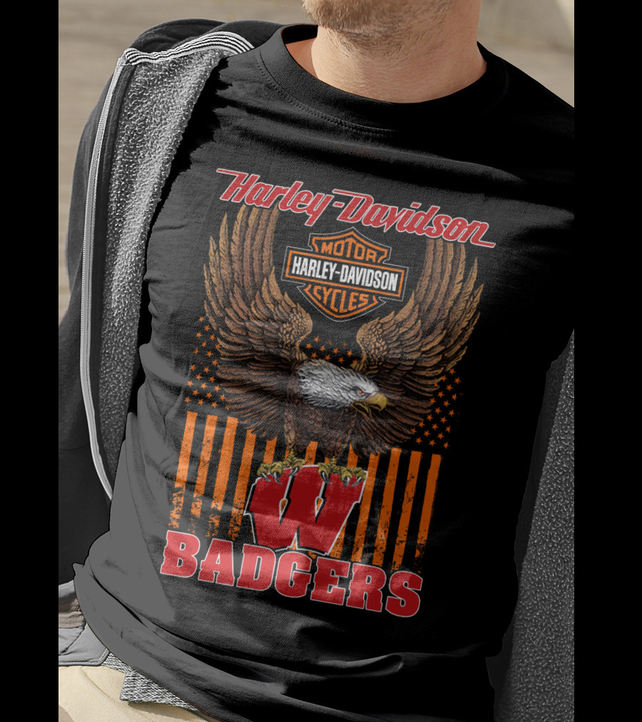 Harley Davidson Motor Cycles Wisconsin Badgers Eagle Stars And Stripes T-Shirt
