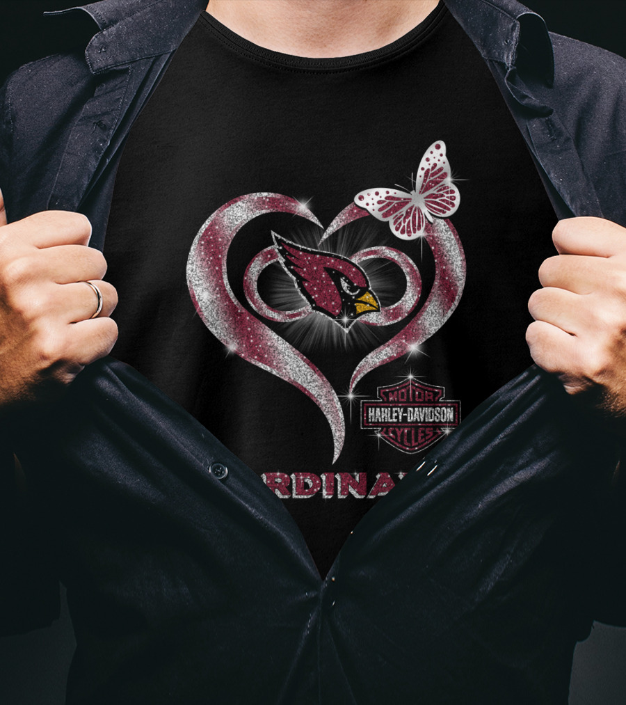 Arizona Cardinals Harley Davidson Logo Heart And Butterfly Sparkle T-Shirt
