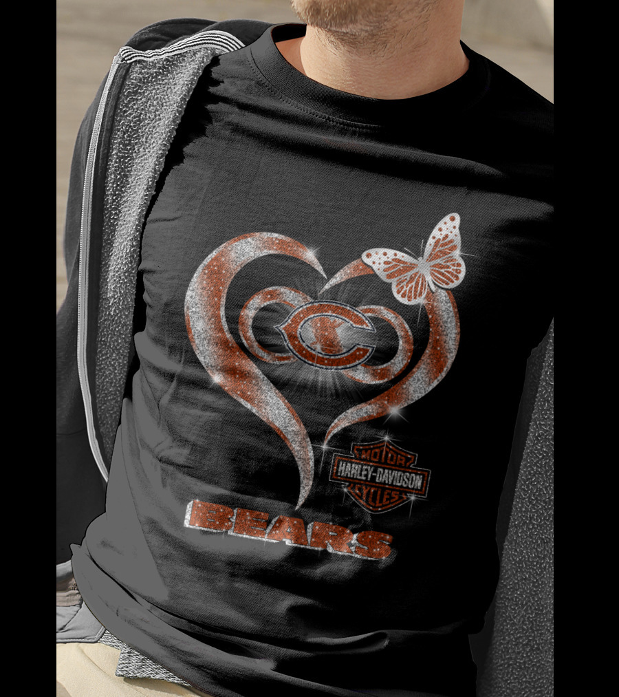 Chicago Bears Heart Harley Davidson Butterfly T-Shirt