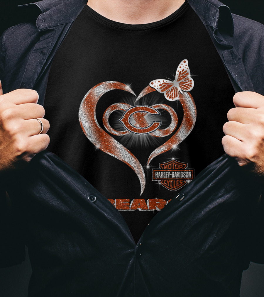 Chicago Bears Heart Harley Davidson Butterfly T-Shirt