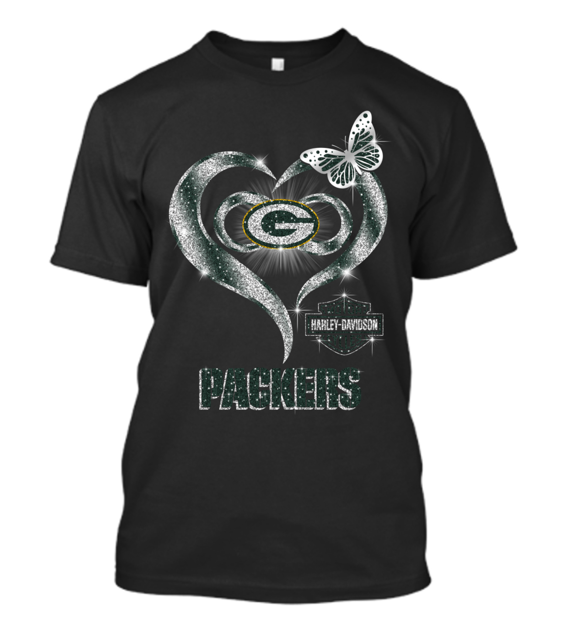 Green Bay Packers Harley Davidson Heart Butterfly T-Shirt