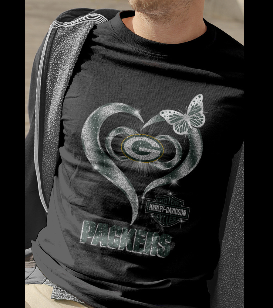 Green Bay Packers Harley Davidson Heart Butterfly T-Shirt