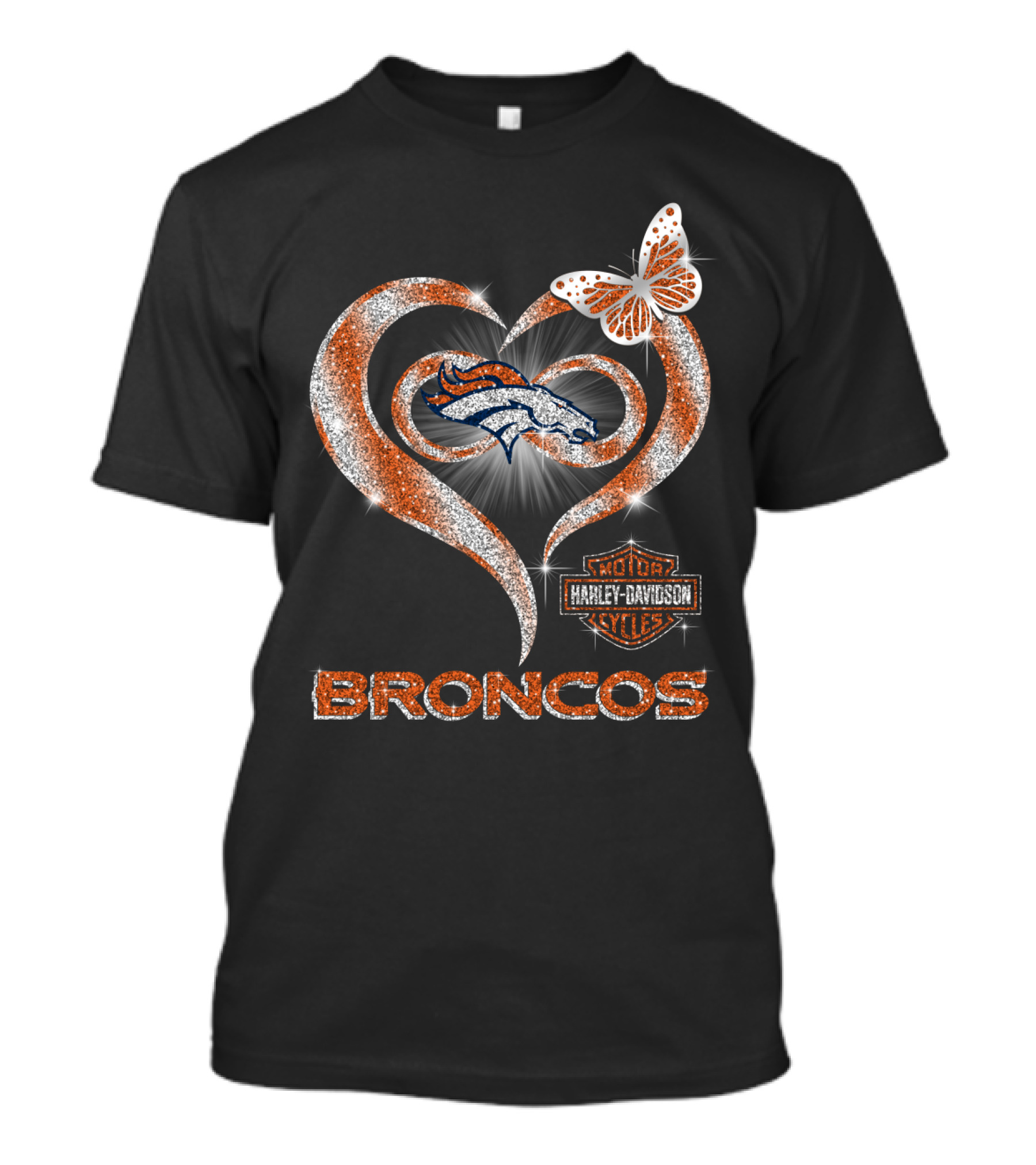Denver Broncos Heart Harley Davidson Butterfly T-Shirt