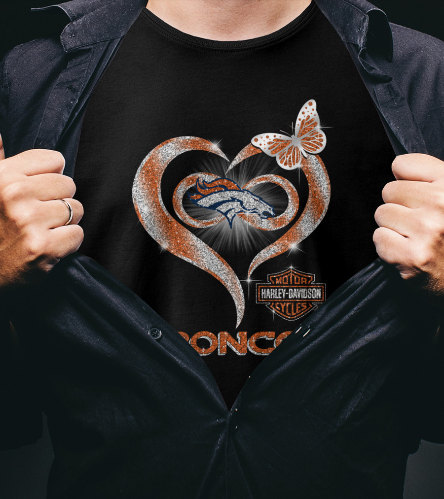 Denver Broncos Heart Harley Davidson Butterfly T-Shirt
