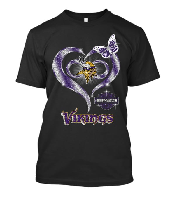 Minnesota Vikings Harley Davidson Heart Butterfly T-Shirt