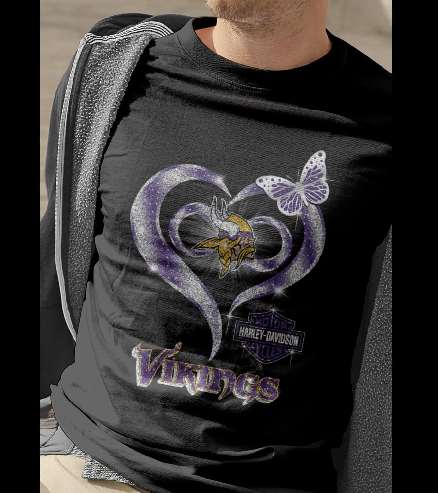 Minnesota Vikings Harley Davidson Heart Butterfly T-Shirt