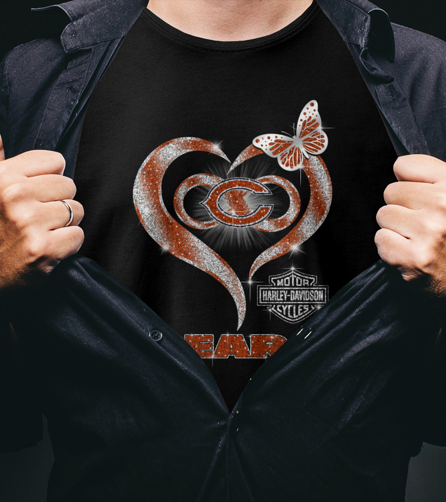 Hlh01 Chicago Bears Heart Butterfly Harley Davidson Cycles T-Shirt