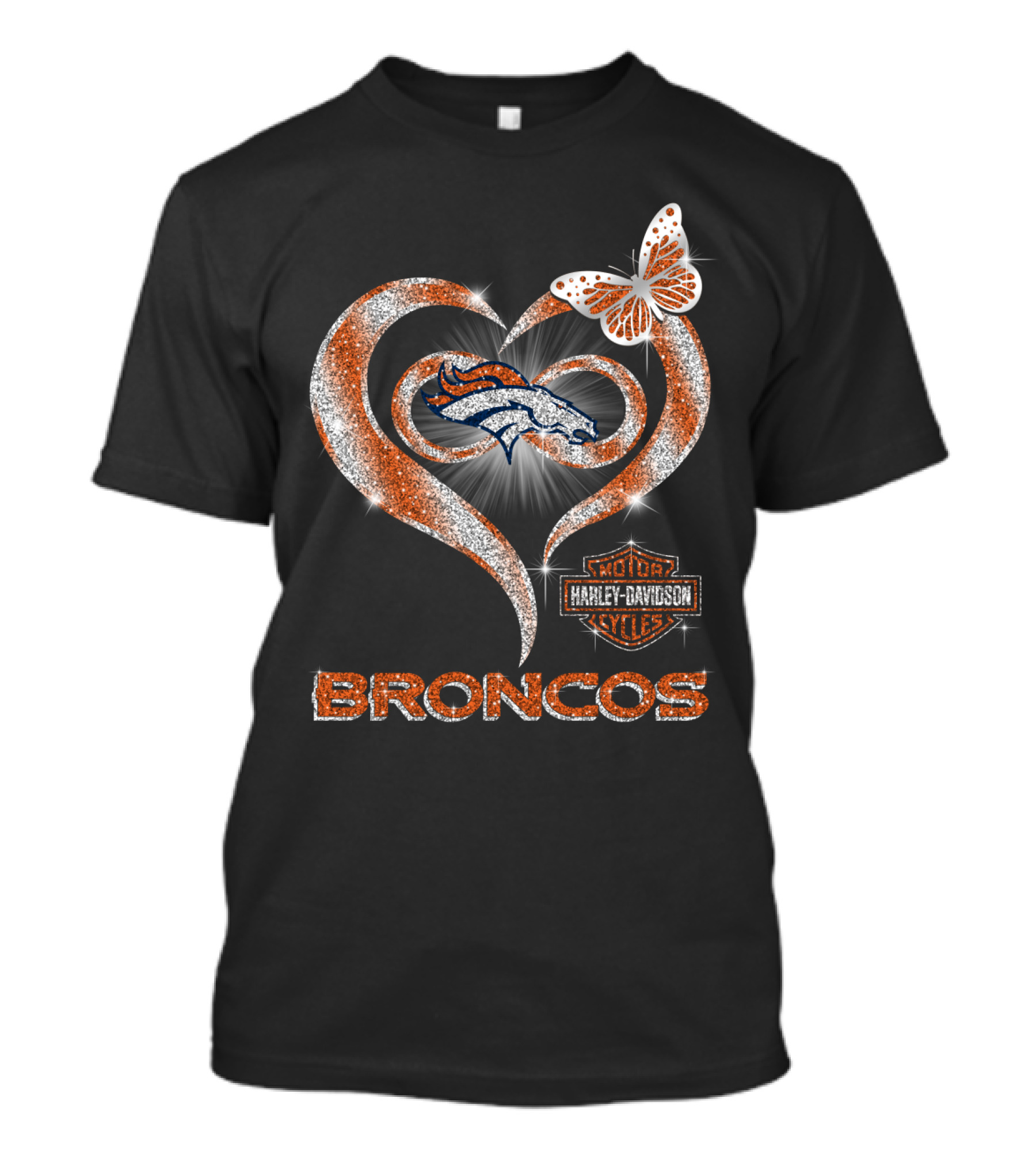 Hlh01 Denver Broncos Harley Davidson Heart Butterfly Sparkle T-Shirt