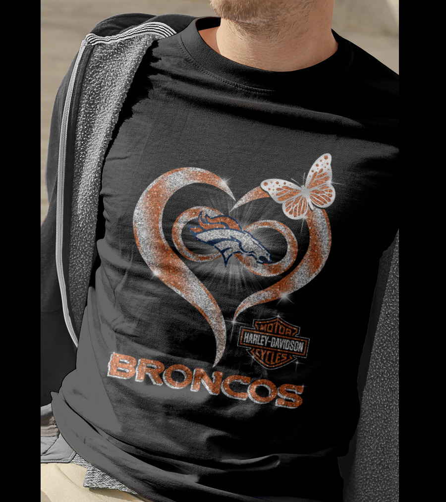 Hlh01 Denver Broncos Harley Davidson Heart Butterfly Sparkle T-Shirt