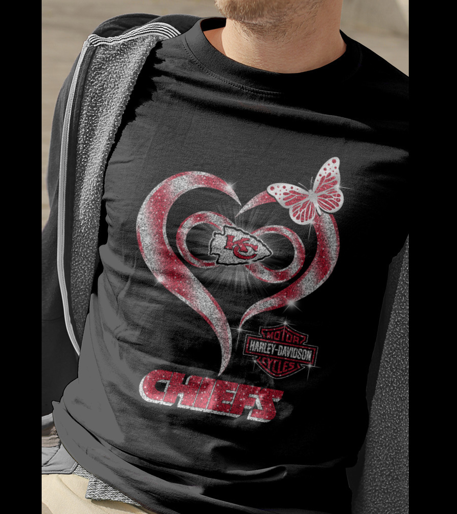 Kansas City Chiefs Harley Davidson Heart Butterfly T-Shirt