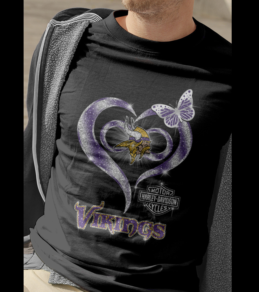 Vikings Harley Davidson Butterfly Heart T-Shirt