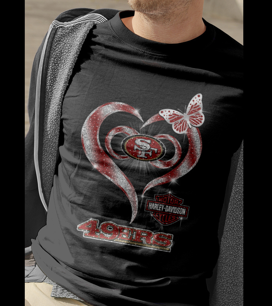 49ers Harley Davidson Heart With Butterfly T-Shirt