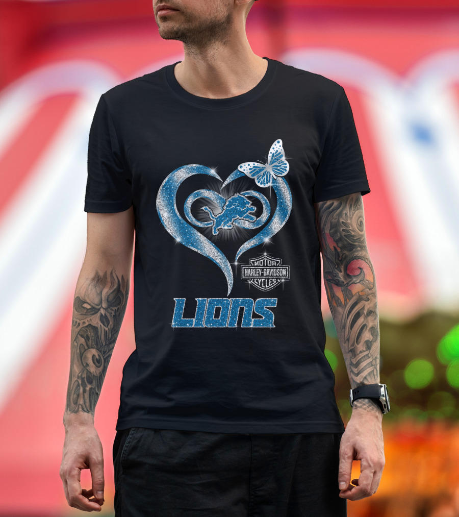 Detroit Lions Harley Davidson Motor Cycles Heart Butterfly T-Shirt