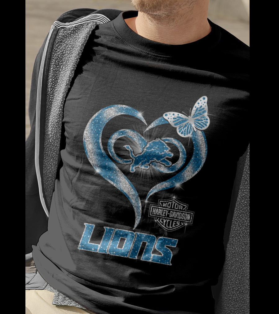 Detroit Lions Harley Davidson Motor Cycles Heart Butterfly T-Shirt