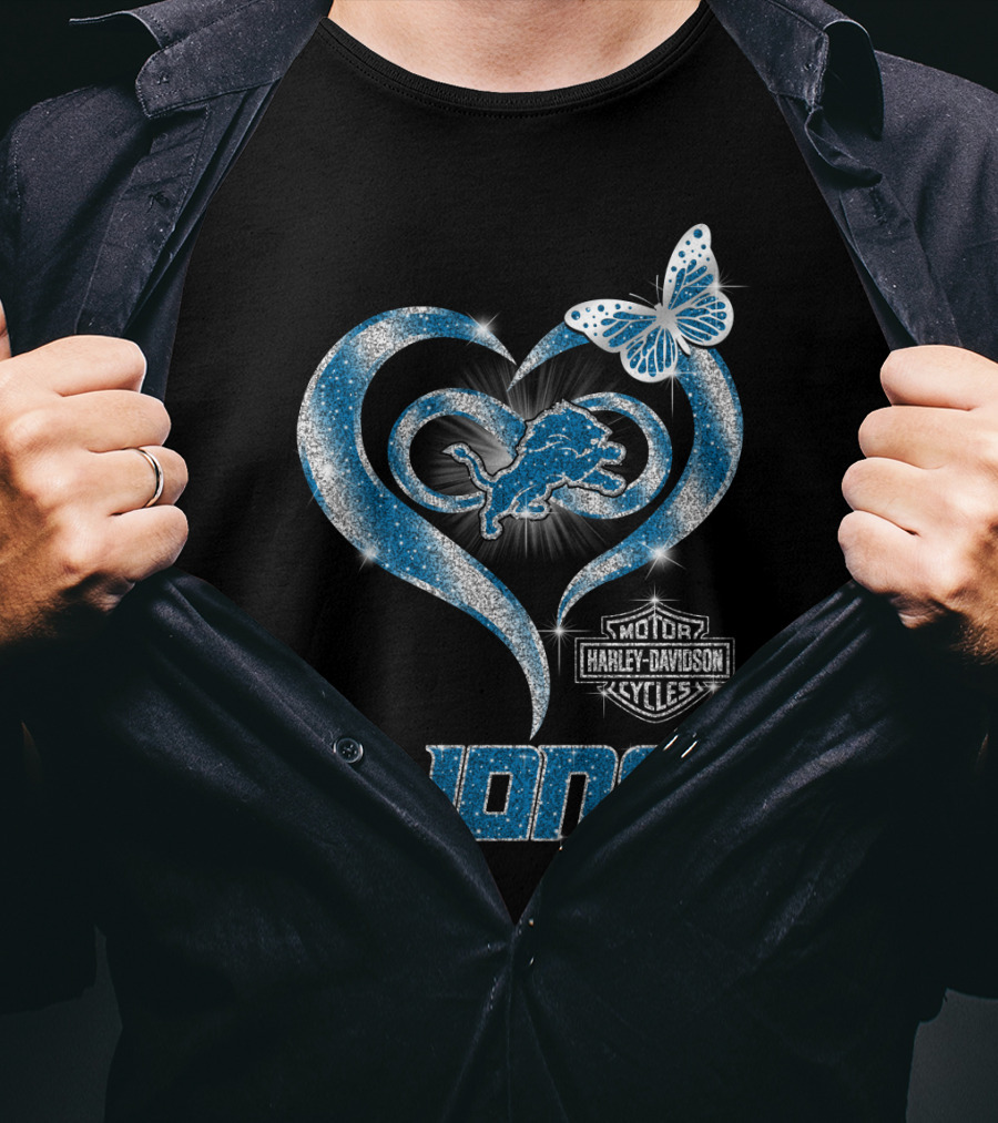 Detroit Lions Harley Davidson Motor Cycles Heart Butterfly T-Shirt