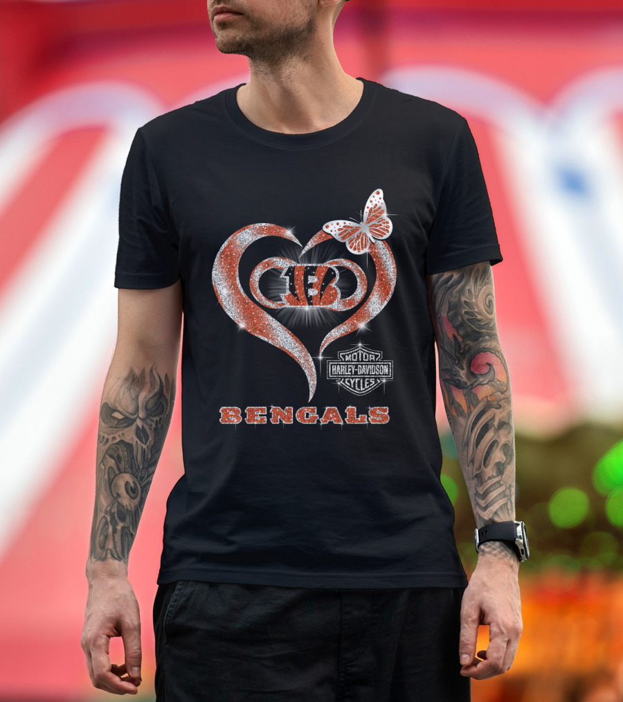 Cincinnati Bengals Heart Harley Davidson Butterfly T-Shirt