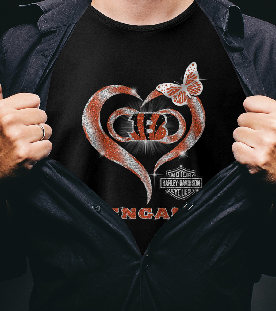 Cincinnati Bengals Heart Harley Davidson Butterfly T-Shirt