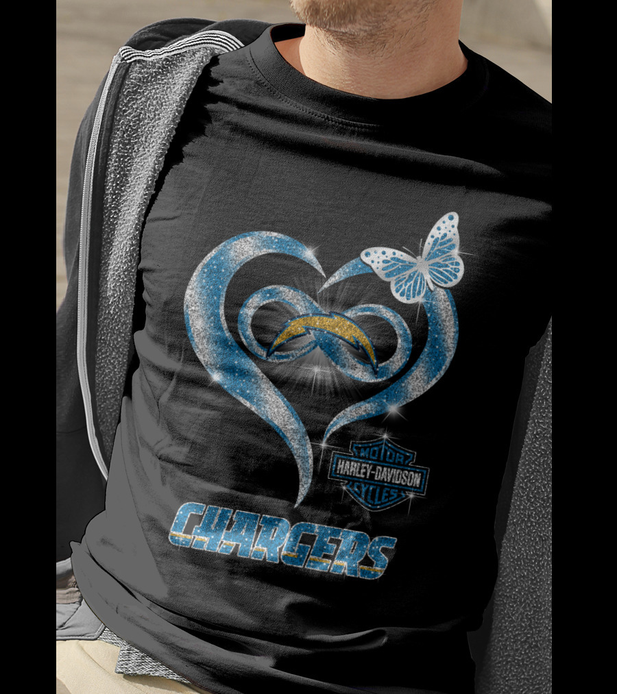 Hlh01 Los Angeles Chargers Harley Davidson Motorcycles Heart Butterfly T-Shirt