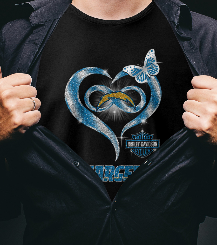 Hlh01 Los Angeles Chargers Harley Davidson Motorcycles Heart Butterfly T-Shirt