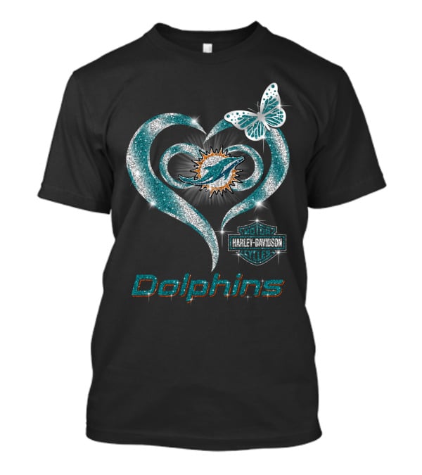 Miami Dolphins Heart With Harley Davidson Logo And Butterfly T-Shirt