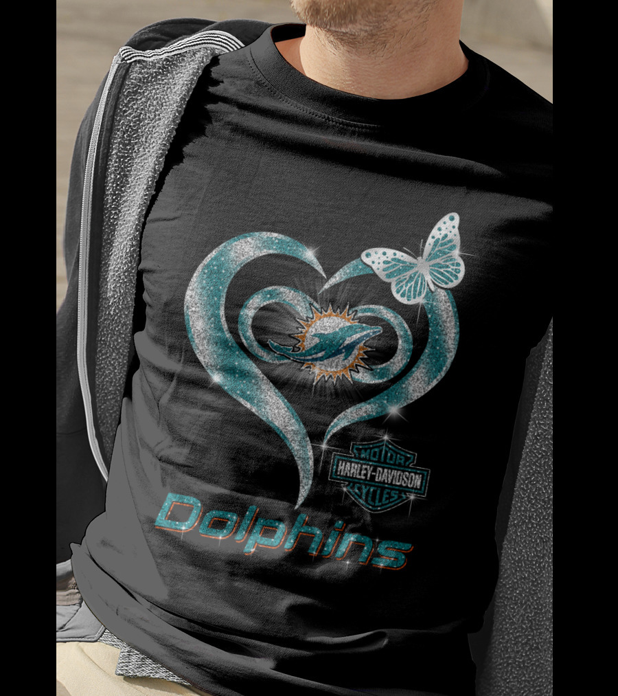 Miami Dolphins Heart With Harley Davidson Logo And Butterfly T-Shirt